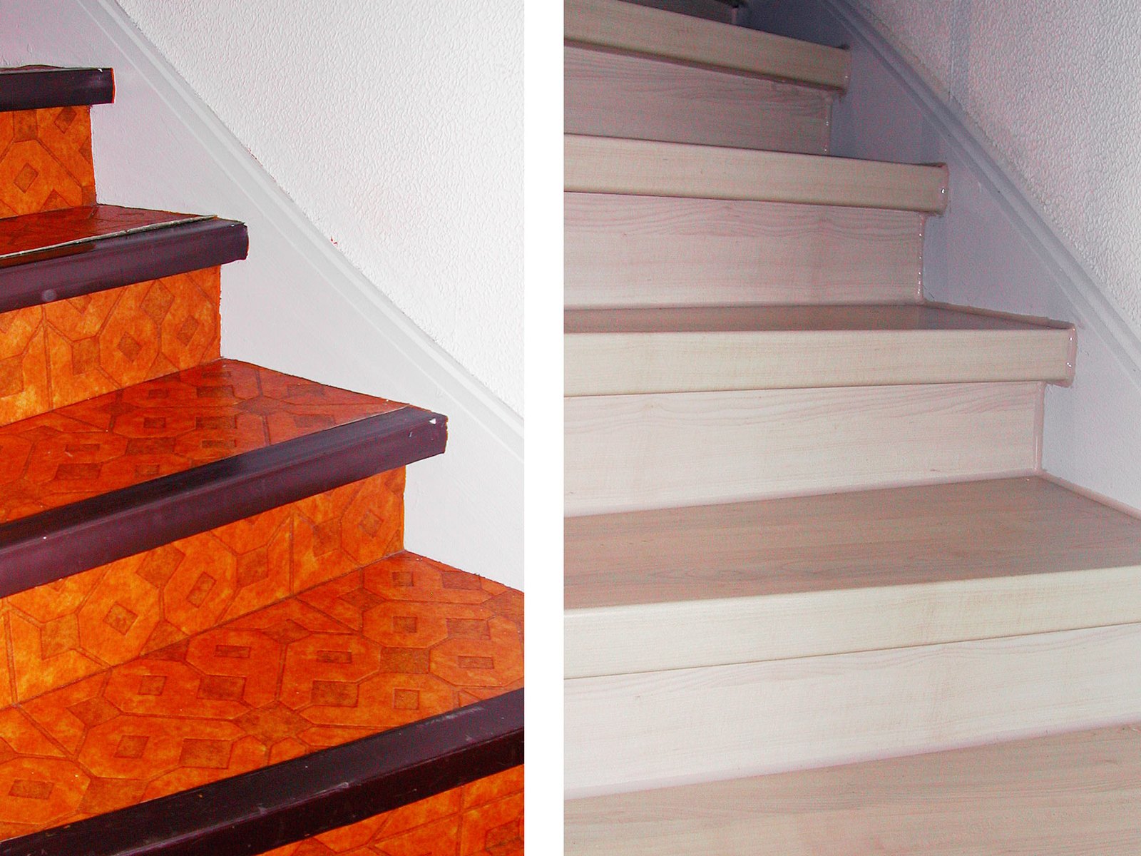Zwei Ansichten einer gewendelten Treppe: links die alten orangefarbenen Stufen, rechts die renovierten Stufen in hellem Holz